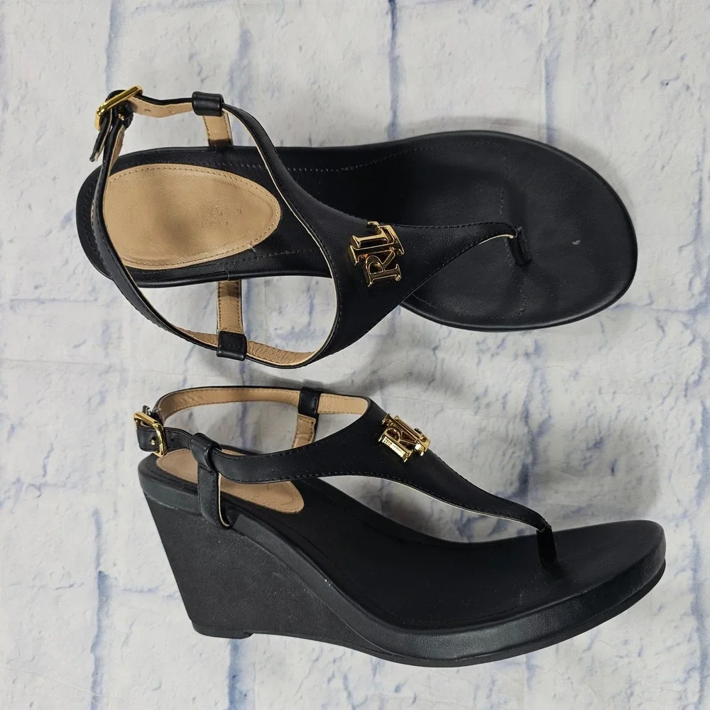 Lauren Ralph Lauren Jeannie Wedge Sandals Women 7 B Black Gold RL Thong Heels